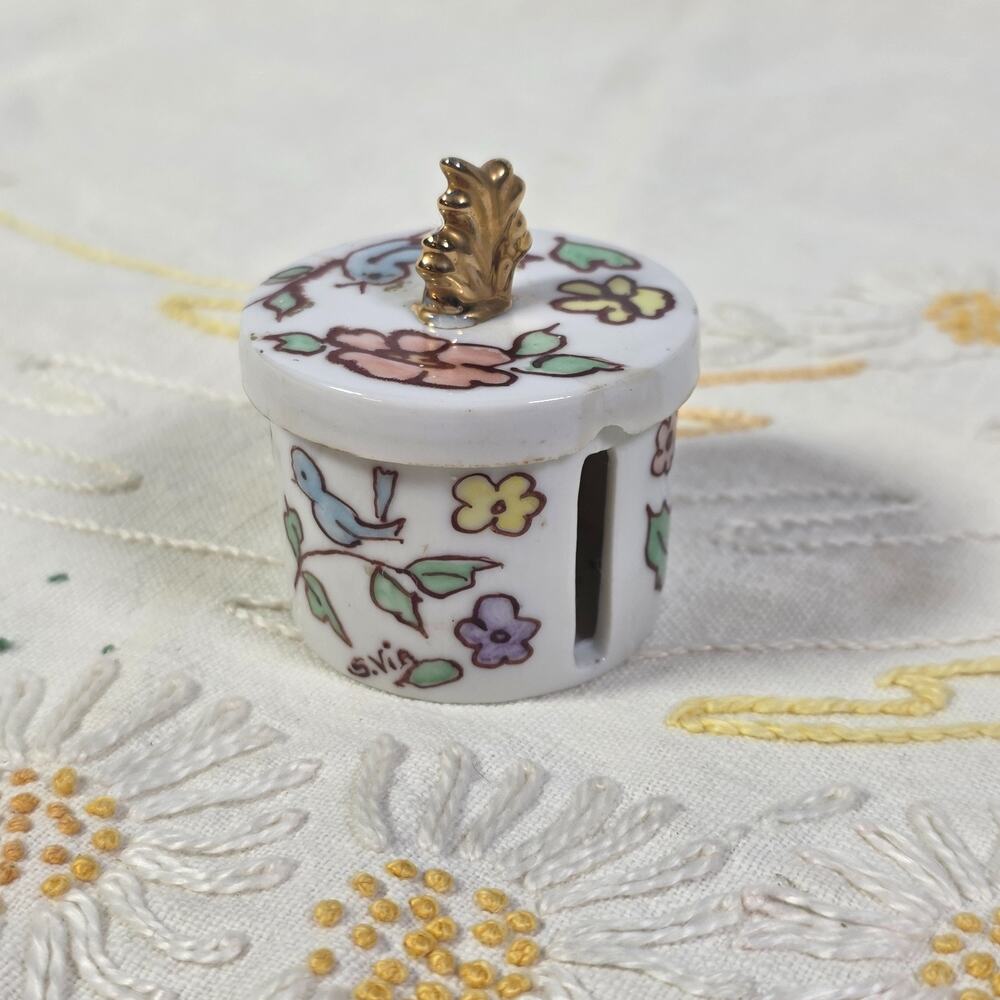 Porcelain Stamp Holder Postage Roll Dispenser w Slit Handpainted Floral Vintage